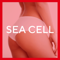 A bright green background, the words sea cell across the toned leg of a woman 